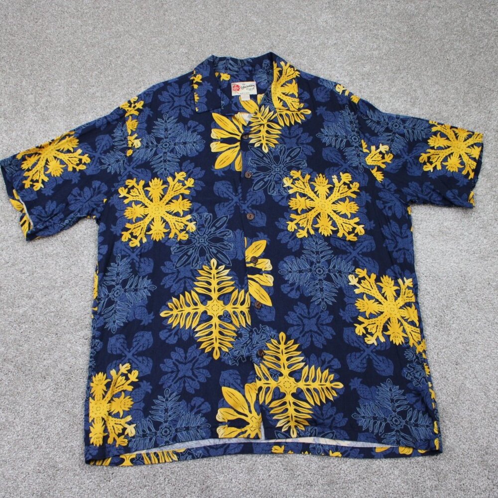 Hilo Hattie Shirt Mens XL Blue/Yellow Floral Hawaiian 100% Rayon‎ Short Sleeve